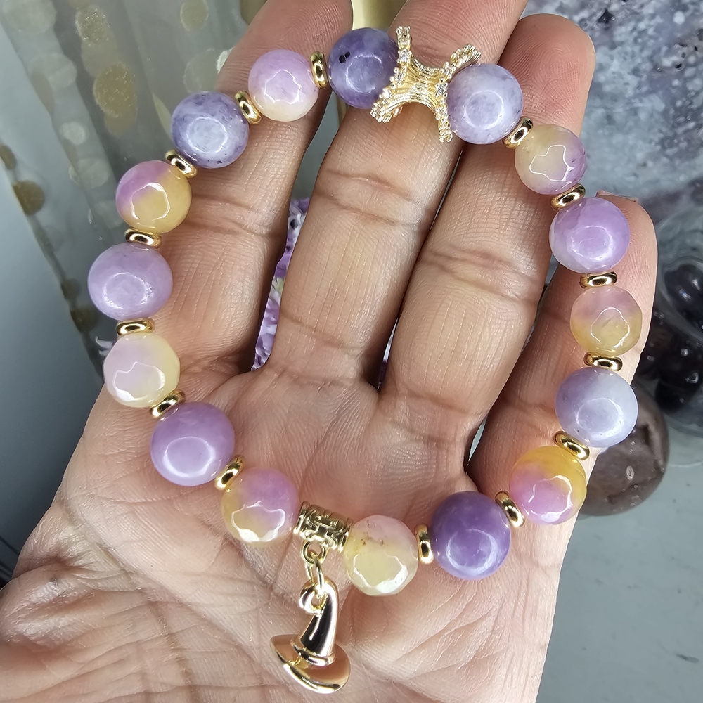 NEW genuine LEPIDIOLITE & JADE  Beaded Bracelet With Witch Hat Charm